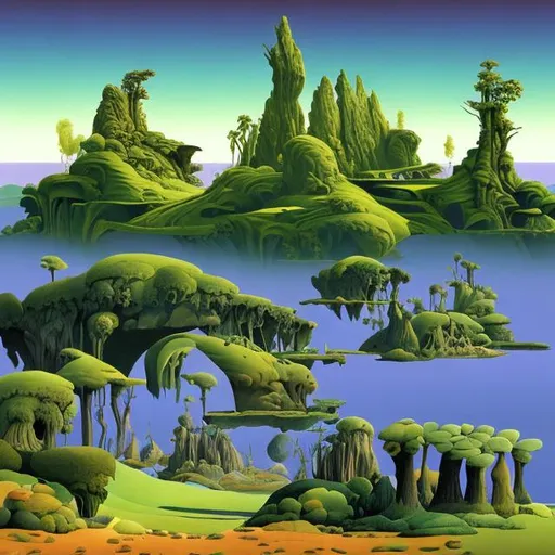 Prompt: landscape in the style of Roger Dean