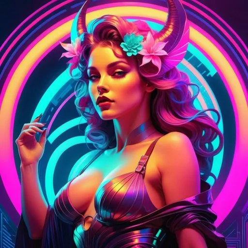 Prompt: a beautiful female demon in a dynamic pose in a retro futuristic synthwave cyberpunk neon paradise.  neon lighting, high quality, beautiful, masterpiece, artistic, synthwave, cyber, retro, futuristic