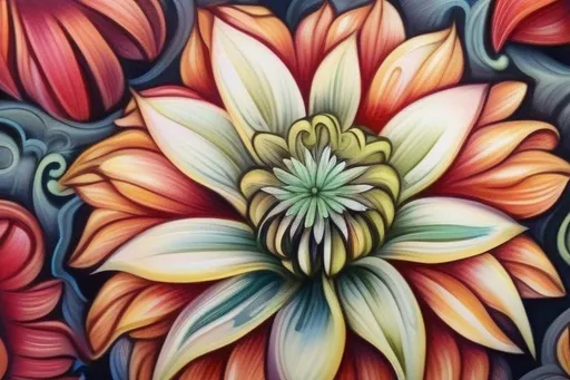 Prompt: Close up of a beautiful dahlia, oil painting, intricate, sharp focus in the style of Ivan Bilibin, Ernst Haeckel, Daniel Merriam, watercolor and ink