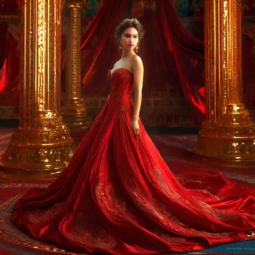 Prompt: Full length portrait, gorgeous 23-year-old woman, in a flowing crimson silk ballgown, stunning, clean face, showing in 4k format, intricate work of magical art, almost ethereal, in cgsociety trends, complex, epic, from Ilya Repin, very detailed bright, staged rendering of the character, super high quality model, beautiful face, flowing long locks, slight smirk on her lips, background in style bokeh
