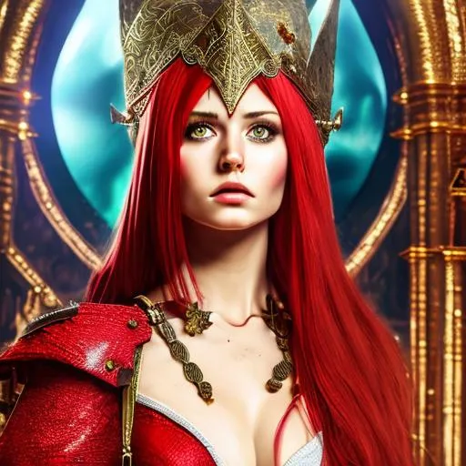 Prompt: A red haired tiefling standing in a church, she is wearing full plate armour and looking concerned, she is a cleric. 

ultra detailed face, ultra detailed clothes.

photo realistic, in the style of anne stokes

