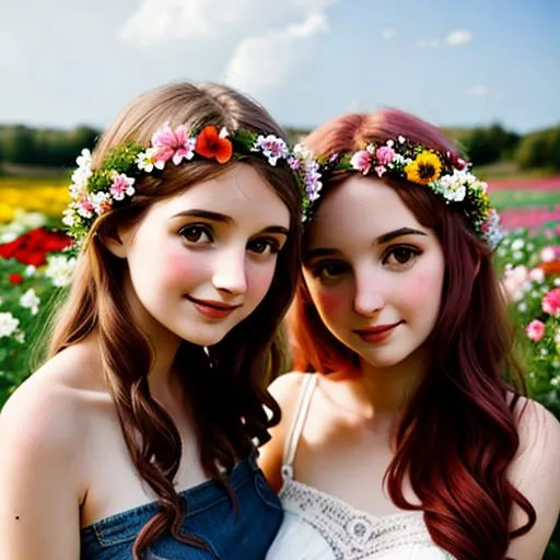 Prompt:  two 25 year old young women, flowers in hair, surrounded by flowers
