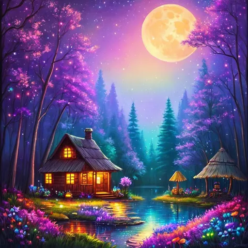 Prompt: Disney style, moon, forest, flowers, nighttime, lake, mushrooms, galaxy, soft light, art, painting, shack, sweet, fireflies, pastel, spooky dark forest