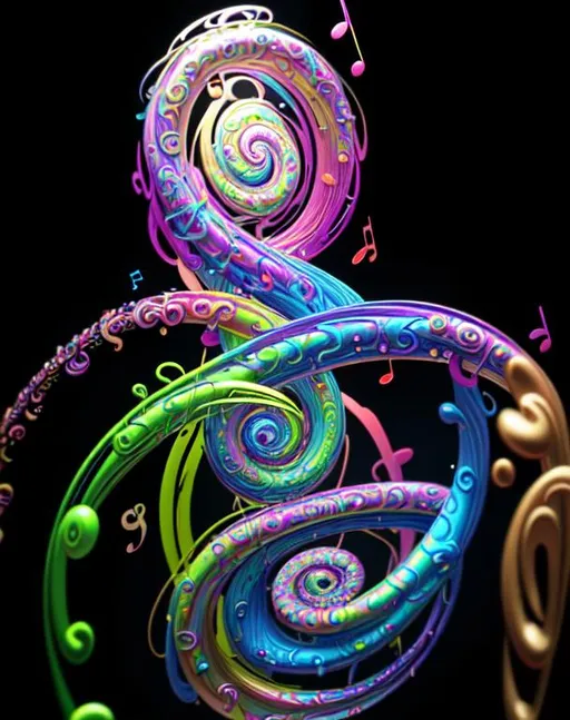 Prompt: Action, spiral, wispy, whimsical psychedelic 
 cinematic, misty, 3D, HD, {liquid rainbow}Treble Clef, expansive metallic musical notes background, ink, freeform colorful chaos, hyper realistic, 8K --s98500