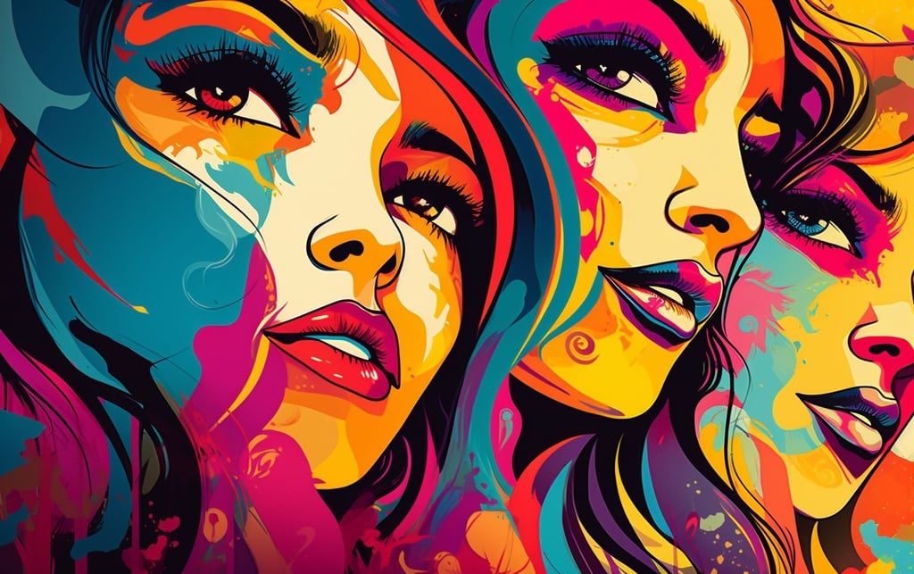 Prompt: an artistic image with a colorful group of faces, in the style of bold graphic illustrations, psychedelic hues, graphic design-inspired illustrations, women artists, frontal perspective, indian pop culture, intense close-ups