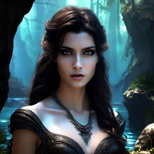 Prompt: HD 4k 3D 8k professional modeling photo hyper realistic beautiful woman ethereal greek goddess of the Underworld river and hatred
mysterious goth brown hair dark eyes gorgeous face brown skin shimmering dark dress with jewelry full body surrounded by magical glowing light hd landscape background dark gloomy forbidding underworld river waterfall cave