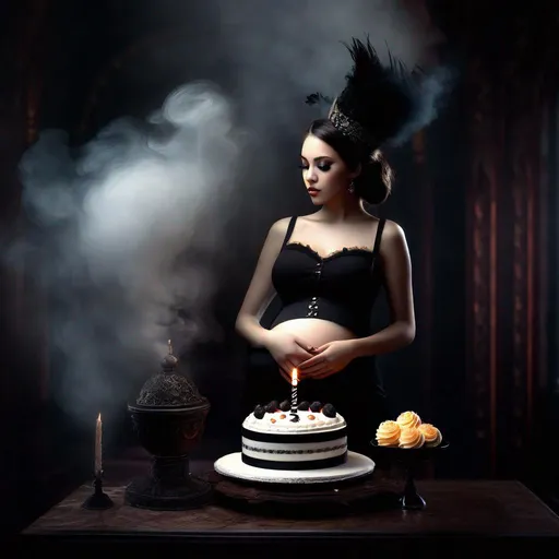 Prompt: Young pregnant girl, cake, sharpness, smoke, mystery, gothic, epic, hyperrealism, 3D detailed, incrustation, contrast forms and lines, contrast space and light, dof, multi-morph
