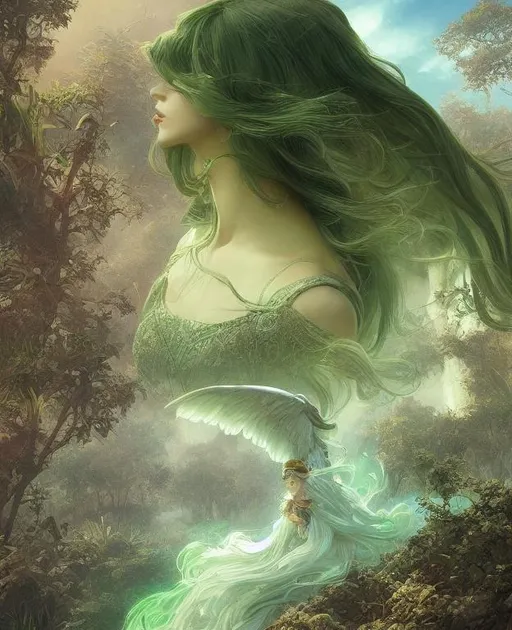 Prompt: angel, soft hair landscape fantasy, intricate, elegant, highly detailed, digital painting, artstation, concept art, smooth, sharp focus, illustration, art by artgerm and greg rutkowski and alphonse mucha and Boris vallejo, long 
hair with bangs, detailed green eyes