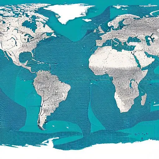 Prompt: Create 1960s visual line map of whale migration, then over top of that line add a layer that is a line map of bird migration across the world. This map should be minimal and use only 2 colors. The colors should look vintage and the line of the linear map should be bold yet fragile. minimalism styled