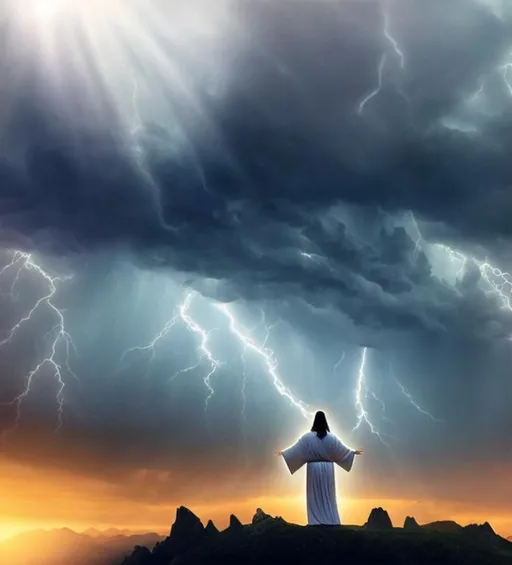 Prompt: Jesus Christ stands defiantly wearing a white robe. A big city next to a valley. Over the valley hangs a dark, raging storm. Jesus Christ defiantly stands between the storm and the city with one hand stretched out.