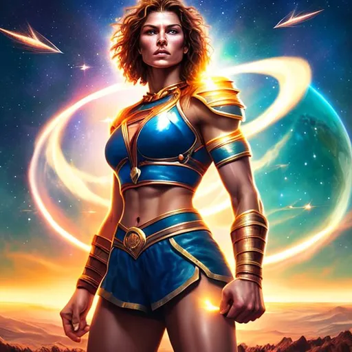 Prompt: photorealistic, beautiful muscled warrior woman, tall, perfectly formed body, beautiful face, short hair, ideal proportions, full body, battling across the universe, fist fighting, stars beneath the skin, epic, exotic energy