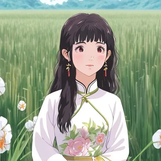 Prompt: aesthetic profile picture anime ghibli, vietnamese girl wearing ao dai traditional vietnamese outfit, rice field background, cute, wlop