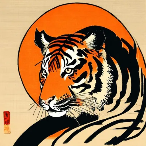 Prompt: A tiger in the ukiyo-e art style with the sun in the background