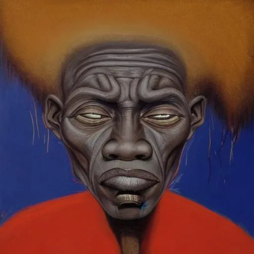 Prompt: Amadou Sanogo oil painting of an eyes and nose no mouth with no outline of the face in the style of jean michel basquiat, beksisnski, Genesis Tramaine, Amadou Sanogo and pablo picasso. make him look evil.memes by basquiat, banksy, ralph steadman, peter blake, trending on artstation, digital art, cosmic, constrast, saturation, vibrant, 3 d high definition