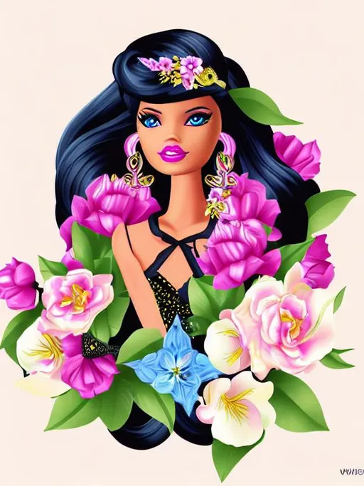 Prompt: Barbie {BAPHOMET} illustration, vector, extremely detailed, goth flowers, moon phase