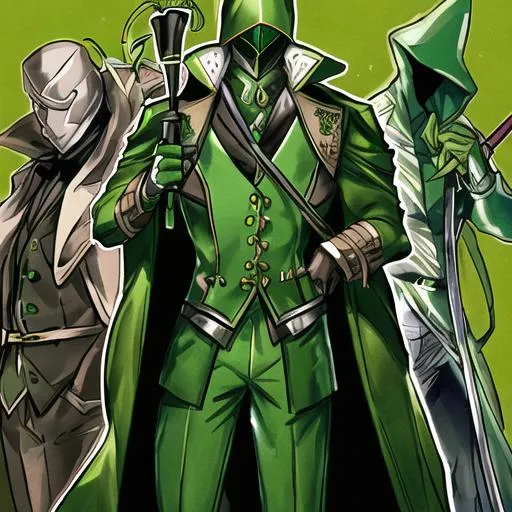 Prompt: masked man wearing long green coat, face hidden underneath green mask, stylish cane in his right hand, brown gloves covering his fingers, high-tech suit of green armor