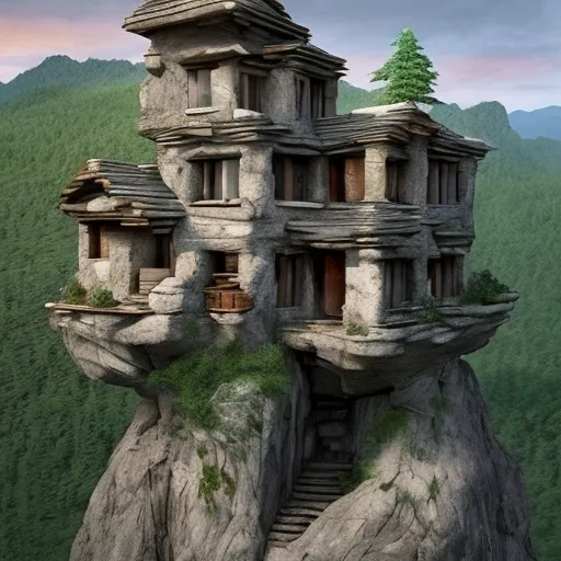 Prompt: Create an image of pre-industrial homes carved into and built within rocky outcroppings and cliffs, such that most of each home is hidden within the rock, with only doors and windows visible from the outside.

 

The homes are primitive, yet cozy. Hidden, embedded, and deep. Cute and Quirky, yet simple. Wooden ladders.  More windows, fewer doors.