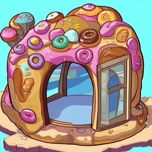 Prompt: A big piece of donut with doors and windows 