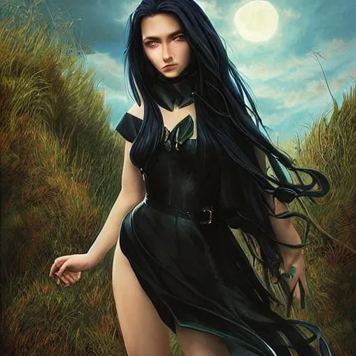 Prompt: a full body portrait of a hot 17 year old witch with long black hair, with green eyes, with a dark dress, with arms chained, standing on a cliff by the ocean
realistic face, art by artgerm and felix englund and greg rutkowski