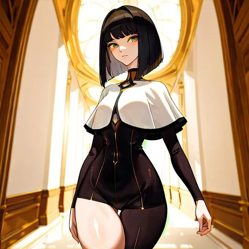 Prompt: a lonely AI girl, very tall, thick thighs, wide hips, long legs, slender waist, big beautiful symmetrical eyes, intriguingly beautiful face, aloof expression, bob haircut with bangs, Renaissance art style, 12K resolution, hyper quality, hyper-detailed, depth of field