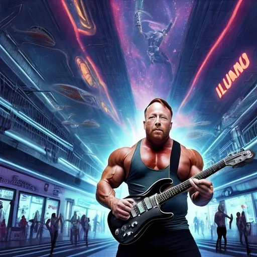 Prompt: Bodybuilding Alex Jones, playing guitar for tips in a busy alien mall, widescreen, infinity vanishing point, galaxy background