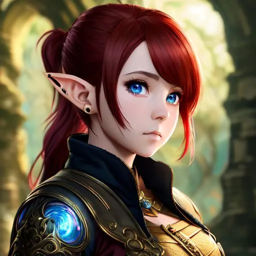 Prompt: "Full body, oil painting, fantasy, anime portrait of young dwarf woman with short red hair in a ponytail, and short elf ears wearing adventuring gear, #3238, UHD, hd , 8k eyes, detailed face, big anime dreamy eyes, 8k eyes, intricate details, insanely detailed, masterpiece, cinematic lighting, 8k, complementary colors, golden ratio, octane render, volumetric lighting, unreal 5, artwork, concept art, cover, top model, light on hair colorful glamourous hyperdetailed medieval city background, intricate hyperdetailed breathtaking colorful glamorous scenic view landscape, ultra-fine details, hyper-focused, deep colors, dramatic lighting, ambient lighting god rays, flowers, garden | by sakimi chan, artgerm, wlop, pixiv, tumblr, instagram, deviantart