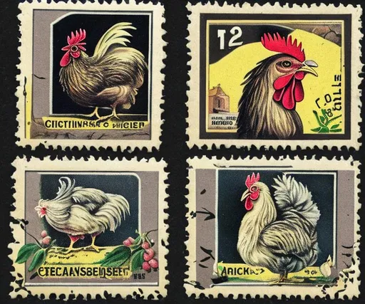 Prompt: vintage chicken postage stamps