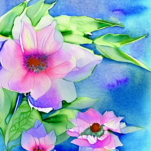 Prompt: blue lake water flowers vibrant watercolor