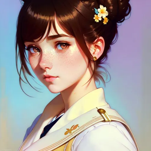 Prompt: Cute girl with freckles, high bun, school uniform, intricate, detailed face. by Ilya Kuvshinov and Alphonse Mucha. Dreamy, pastel colors, honey