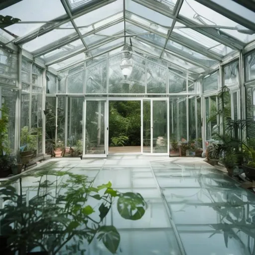 Prompt: A photo real image of inside a glass house.

