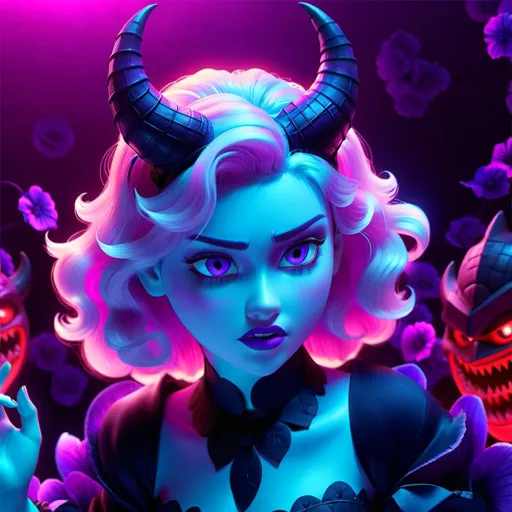 Prompt: beautiful female demon, hell, demonic, vaporwave, retro, neon, aesthetic, liminal, high quality, high definition, beautiful, dramatic lighting