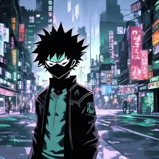 Prompt: Black and neon green. Accurate vigilante deku. Very Dark image with lots of shadows. Background partially destroyed neo Tokyo. Noir anime