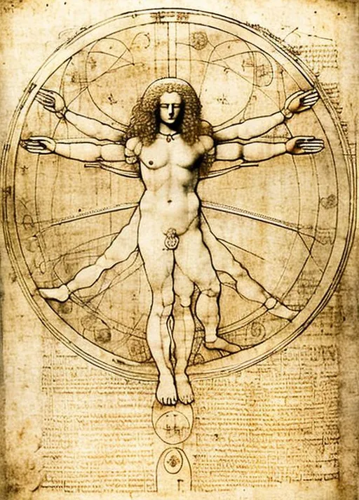 Prompt: (((woman)))), , Leonardo da Vinci's famous "Vitruvian Man". The woman is a ((square)) and a (((double circle))), with 12 ((Celtic knot)) symbols between the two circles. The woman has long, wavy hair. The face is symmetrical, extremely detailed, and charming. the whole body is harmonious, muscular, lean, and beautiful. The arms and legs are anatomically correct. the hands are richly detailed. labia pubis. The Celtic symbol system pervades the whole image. 3D model, {{{highest quality concept art masterpiece}}}