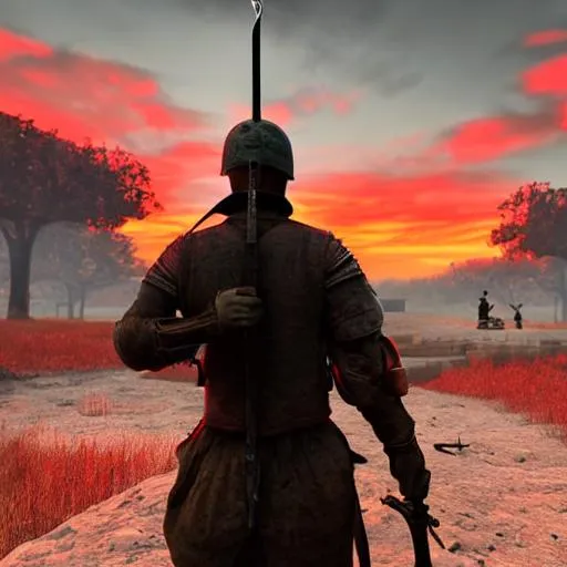 Prompt: man stand in front of the sword army and hold a pen in his hand , red sky , realestic , reality , unreal engine , 