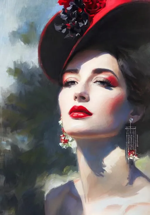 Prompt: elegant lady in a red long dress in the whole body on the seaside. she is wearing a red hat with fancy flowers. illustration for fashion magazine. Beautiful visible face, hyper detail clear focus by Demiurge Ash, Irina French, Dang My Linh, pino daeni 