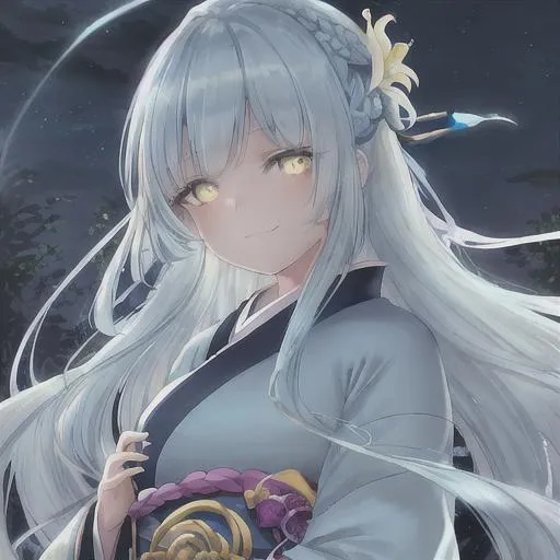 Prompt: Beautiful girl with long light blue hair in a braid. She has light yellow eyes smiling cutely. Wearing a completely dark blue kimono. At night. Her eyes glow. She has a light yellow lily in her hair.
