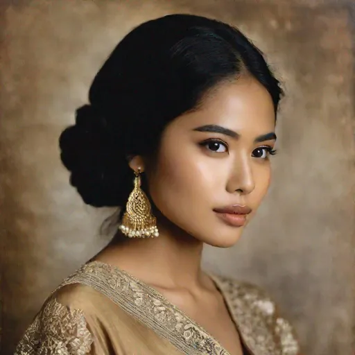Prompt: (portrait photograph), pretty young Indonesian woman, 25 year old, (round face, high cheekbones, almond-shaped brown eyes, epicanthic fold, thick black hair, small delicate nose, slightly flattened nose bridge, wide nasal base, full luscious lips, mole on top lip, light tan skin), masterpiece, intricate detail
