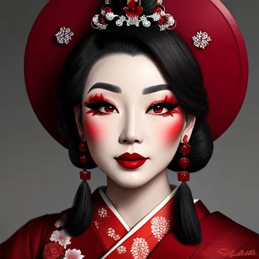 Prompt: Ruby lady-a geisha all in red, full face, elegant, facial closeup