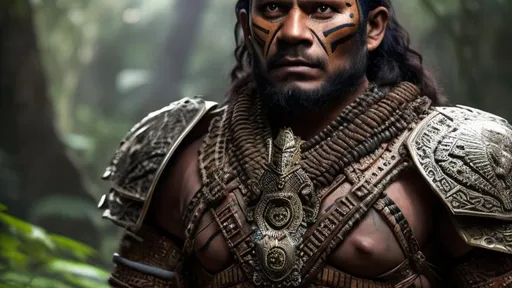 Prompt: Closeup Portrait of Aztec Warrior man with face tatoo, wearing battle armour and tilmahtli tunic. and with serious face, in the jungle, perfect composition, hyperrealistic, super detailed, 8k, high quality, trending art, trending on artstation, sharp focus, studio photo, intricate details, highly detailed, by greg rutkowski