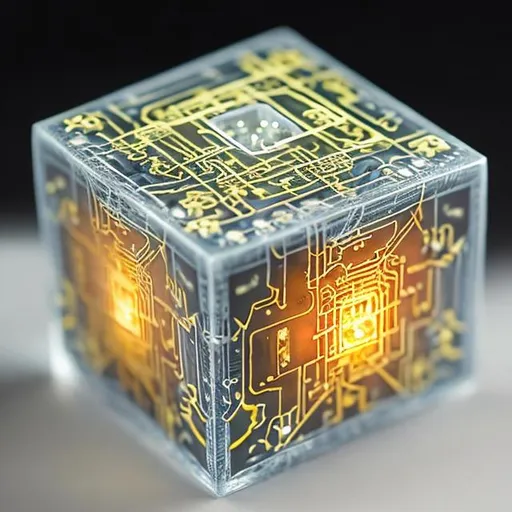 Prompt: required" Create a pale yellow parchment background" " a small, metallic cube with intricate circuitry etched on its surface. It glows with a pulsating blue light, and its sides are adorned with tiny conductive nodes. The cube is encased in a transparent shell, revealing the mesmerizing dance of electric flux within." 