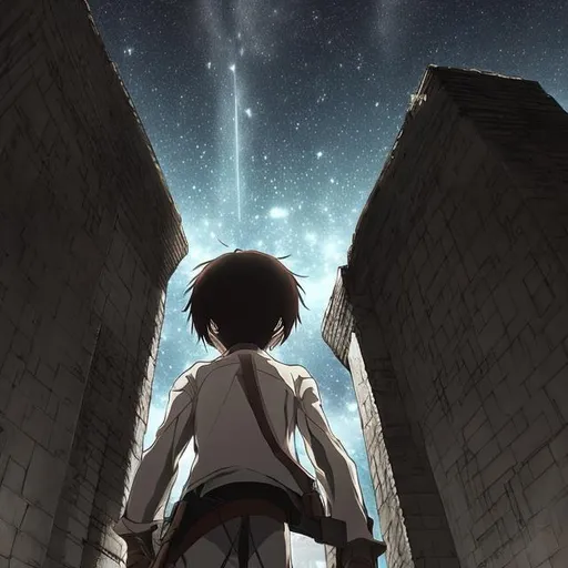 Prompt: We walked along the wall in silence just looking up into the stunning night sky. The stars were shining bright that night like the lights on a stage.  Attack on Titan art style 