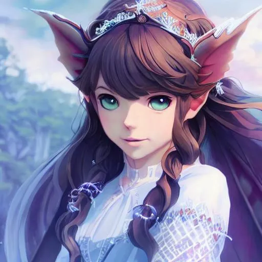 Prompt: Closeup face portrait of a {Sophia Lillis as a grown-up fantasy elf priestess}, smooth soft skin, big dreamy eyes, beautiful intricate colored hair, symmetrical, anime wide eyes, soft lighting, detailed face, by makoto shinkai, stanley artgerm lau, wlop, rossdraws, concept art, lord of the rings, digital painting, looking into camera