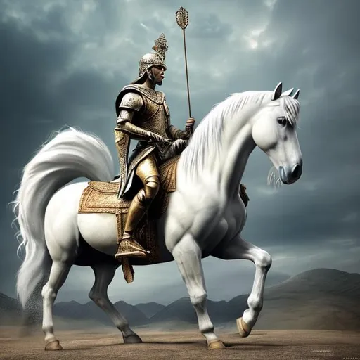 Prompt: He who sat on the white horse had a bow; and a crown was given to him, and he went out conquering and to conquer. photorealistic.