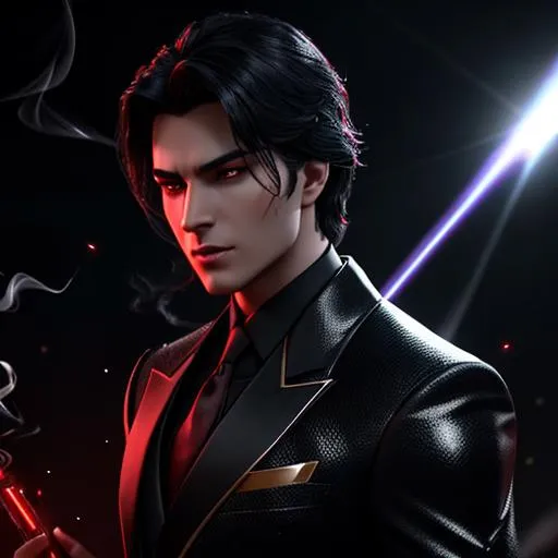 Prompt: An evil handsome prince with dark gaze, ((wearing black  and red suit)), ((black hair)), glowing, assassin, red glowing eyes, trails of light, smoking, bar, slight sparkles, unreal engine 8k octane, 3d lightning, stellar, quartz, gem rain, soft white skin, fantasy,