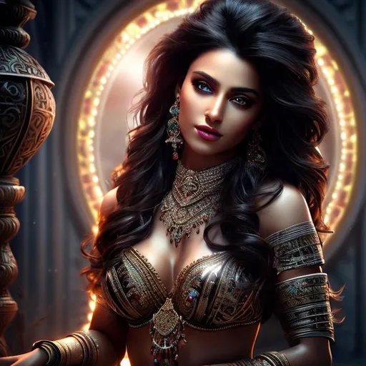 Prompt: HD 4k 3D 8k professional modeling photo hyper realistic beautiful warrior woman ethereal greek goddess of gluttony
evil curvy black hair dark eyes gorgeous face dark skin shimmering dress with jewelry full body surrounded by magical glowing light hd landscape background food drink bed pillows laying down