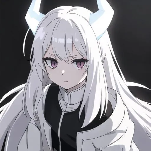 Prompt: Zaley 1female (white hair) {short white demon horns} child, 10 years old, wearing a torn clothes