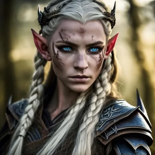 Prompt: badass female viking elf ranger (long flowing braids ash blonde hair) (blue eyes), cunning look, scars over the face, mature eyes, forest leaves, nature, fighter, sword, smirking