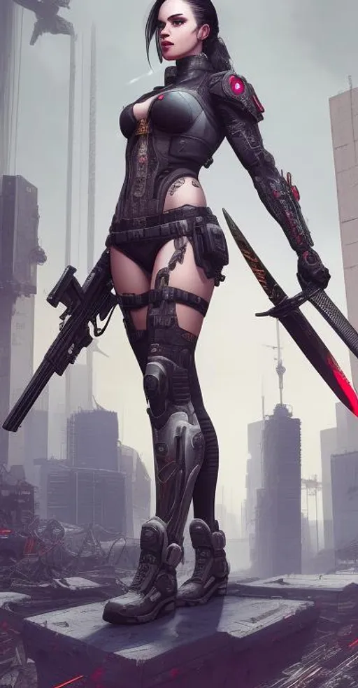 Prompt: Beautiful cyberpunk female with tattoos, apocalyptic, swords, guns, fire, anatomical, dark, gothic, mech, wings, battle backgrounds 