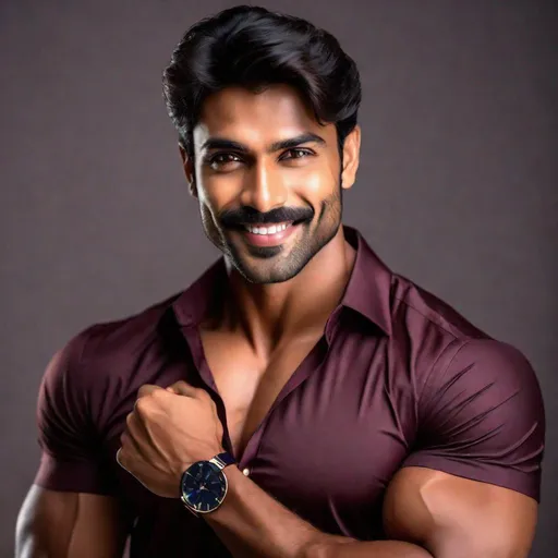 Prompt: Professional photoshoot of a handsome, beautiful, muscular Indian man with a small mustache and some stubble, wearing a short-sleeve button-up shirt, flexing his biceps, hyperdetailed {symmetrical eyes}, {defined shredded musculature, broad shoulders}, {sultry romantic} smile, center frame, diffused light, intricate detail, best quality, uhd, 8k, symmetry hyperdetailed {symmetrical eyes}, {defined shredded musculature, broad shoulders}, {sultry romantic} smile, center frame, diffused light, intricate detail, best quality, uhd, 8k, symmetry  