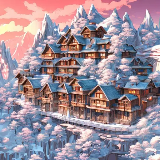 Prompt: Mountain range, big house, snowy, anime style
